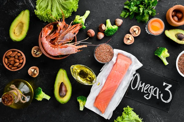 Żywność Naturalną Witaminą Omega Zdrowa Żywność Ryby Krewetki Brokuły Len — Zdjęcie stockowe