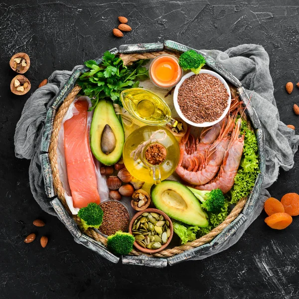Alimentos Con Vitamina Omega Natural Alimento Saludable Pescado Camarones Brócoli —  Fotos de Stock