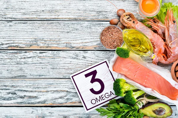 Lebensmittel Die Omega Vitamine Enthalten Avocados Fisch Garnelen Brokkoli Flachs — Stockfoto