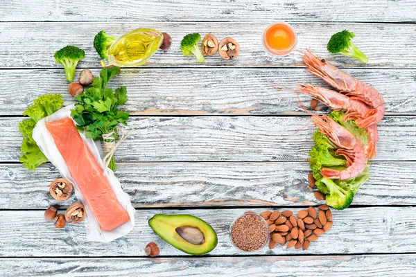 Potraviny Obsahující Omega Vitaminové Zdravé Potraviny Avokádo Ryby Krevety Brokolice — Stock fotografie