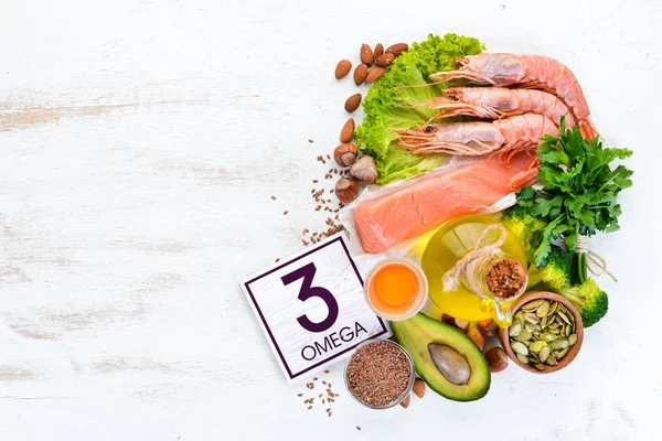 Lebensmittel Die Omega Vitamine Enthalten Avocados Fisch Garnelen Brokkoli Flachs — Stockfoto