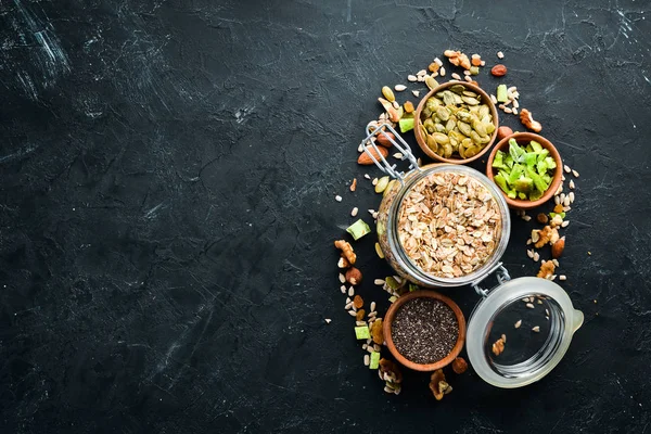 Farinha Aveia Flocos Alimentos Saudáveis Vista Superior Espaço Livre Para — Fotografia de Stock