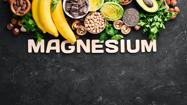 Doğal Magnezyum Içeren Gıdalar Çikolata Muz Kakao Fındık Avokado Brokoli — Stok fotoğraf