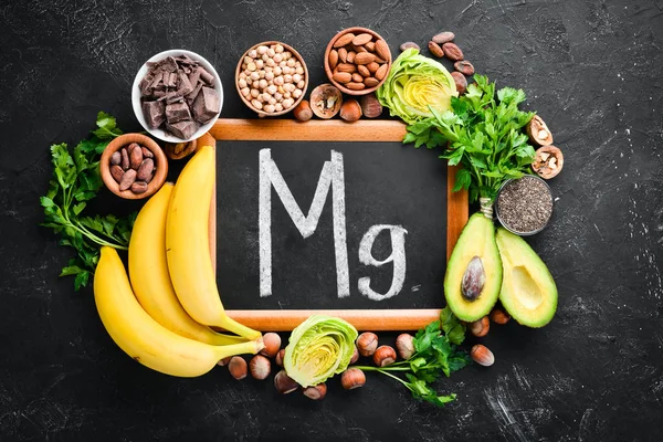 Lebensmittel Die Natürliches Magnesium Enthalten Schokolade Banane Kakao Nüsse Avocados — Stockfoto