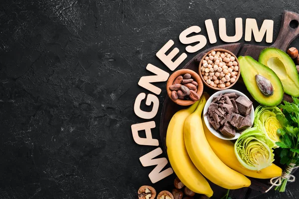 Lebensmittel Die Natürliches Magnesium Enthalten Schokolade Banane Kakao Nüsse Avocados — Stockfoto