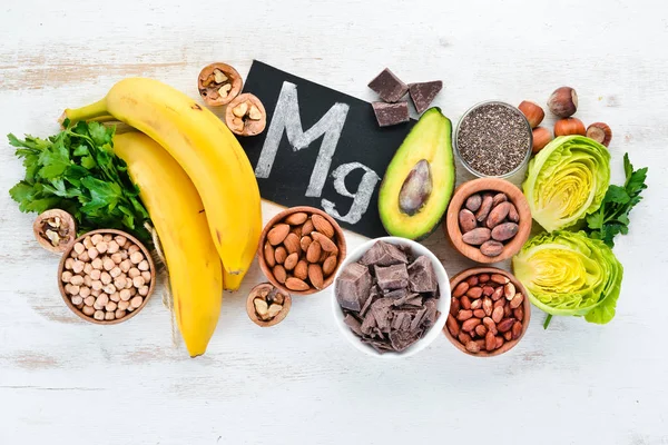 Lebensmittel Die Natürliches Magnesium Enthalten Schokolade Banane Kakao Nüsse Avocados — Stockfoto