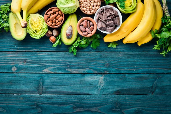 Продукти Містять Природний Магній Шоколад Банан Какао Горіхи Авокадо Брокколі — стокове фото