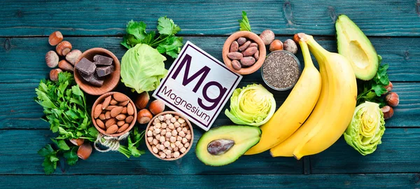 Livsmedel Som Innehåller Naturligt Magnesium Choklad Banan Kakao Nötter Avokado — Stockfoto