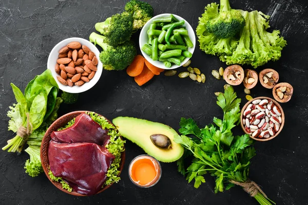 Livsmedel Som Innehåller Naturligt Järn Lever Avokado Broccoli Spenat Persilja — Stockfoto