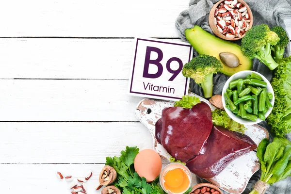 Lebensmittel Die Natürliches Vitamin Enthalten Leber Avocado Brokkoli Spinat Petersilie — Stockfoto