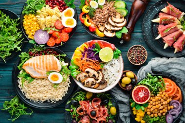 Sağlıklı gıda yemekleri çeşitleri. Üst te. Metniniz için boş alan.