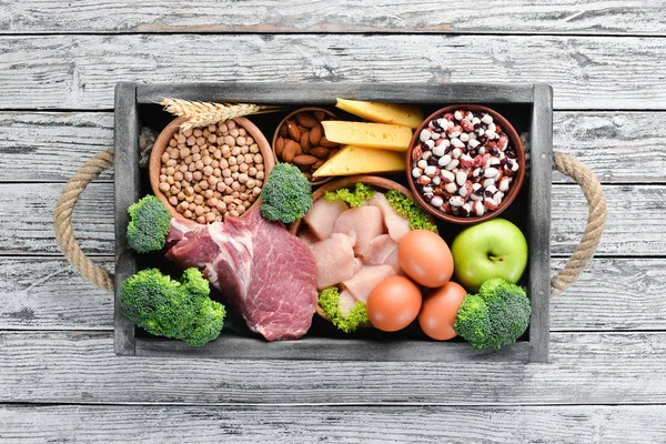 Dengeli Diyet Gıda Arka Plan Tavuk Filetosu Brokoli Fasulye Peynir — Stok fotoğraf