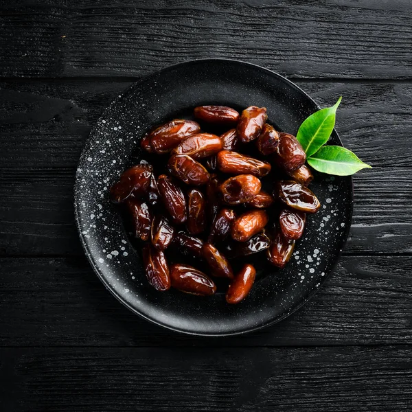 Dry Date Bowl Black Background Dried Fruit Top View Free — Stock Photo, Image