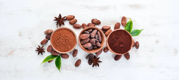 Cocoa Beans Cocoa Powder Dark Light White Background Top View — Stock Photo, Image