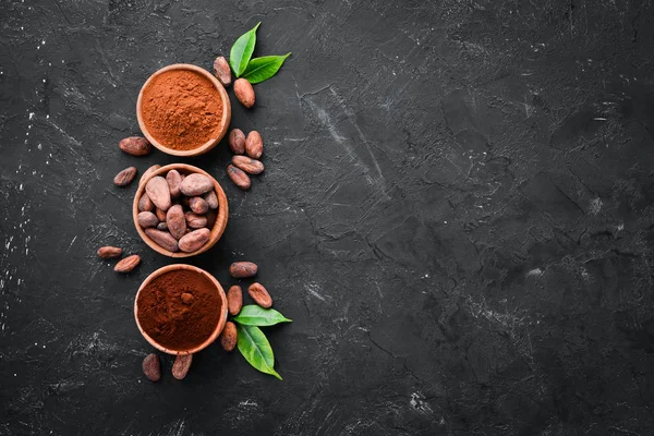 Cocoa beans, cocoa powder is dark and light. On a white background. Top view.