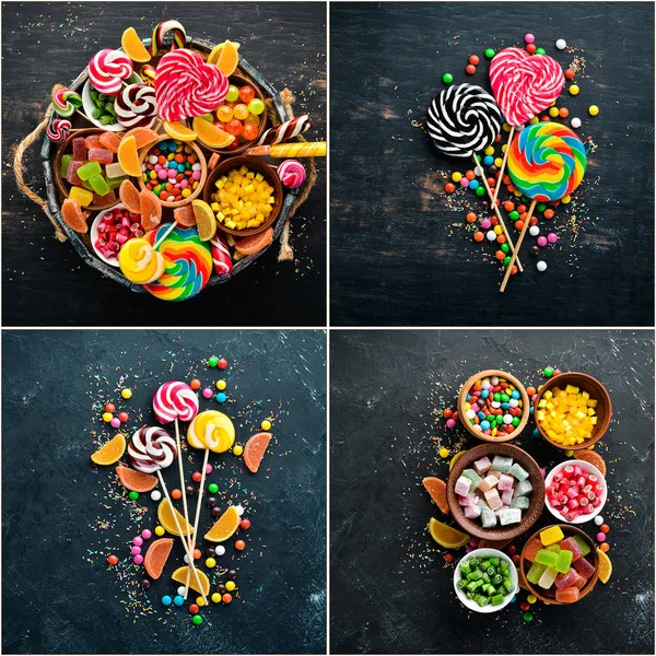 Foto Collage Bonbons Und Lutscher Auf Schwarzem Hintergrund — Stockfoto