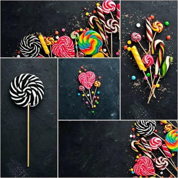 Photo collage candies and lollipops. On a black background.