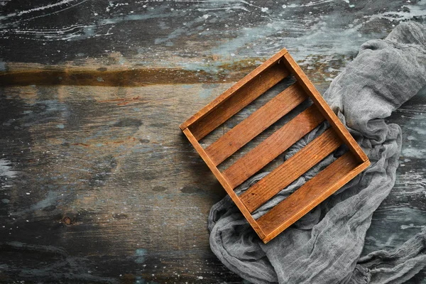 Antigua Caja Madera Sobre Fondo Madera Vista Superior Espacio Libre — Foto de Stock