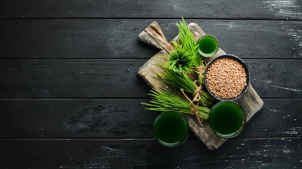 Juice Green Sprouted Wheat Wheat Grains Black Background Micro Green — Stock Photo, Image