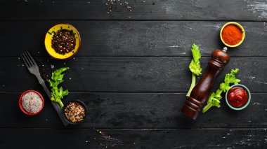 Yemek pişirmenin arka planı. Üst te. Metniniz için Boş alan. Rustik stil.