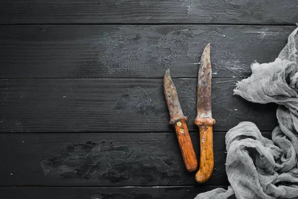 Cuchillo Viejo Sobre Fondo Oscuro Vista Superior Espacio Libre Copia — Foto de Stock