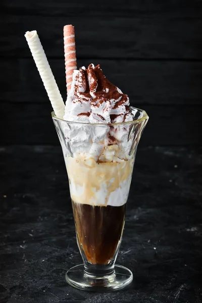 Fagylalt Kávéval Csokoládéval Desszert Felülnézet — Stock Fotó