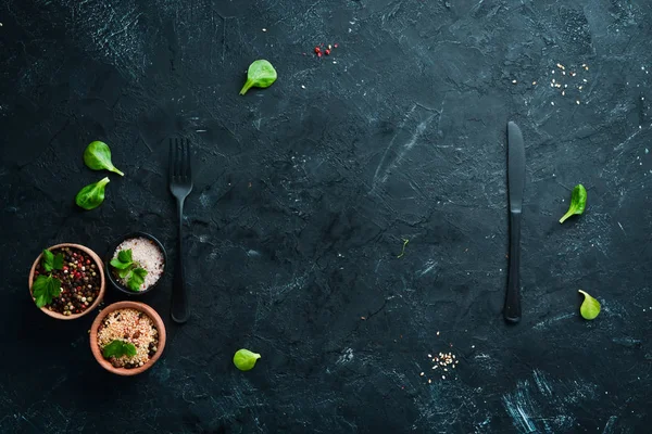 Preparación Para Cocinar Especias Verduras Tabla Cocina Vista Superior Espacio —  Fotos de Stock