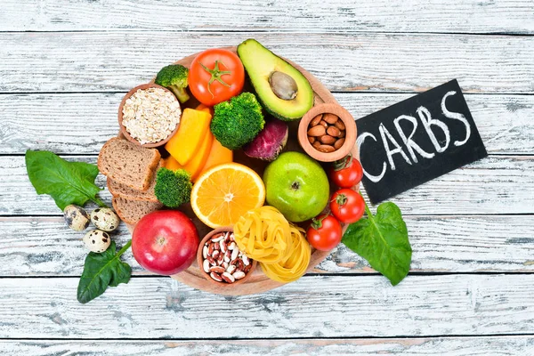 Karbonhidrat Içeren Sağlıklı Gıdalar Ekmek Makarna Avokado Kabak Brokoli Fasulye — Stok fotoğraf