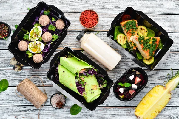 Lieferung Von Essen Fleisch Und Gemüsegerichte Ansicht Von Oben Freier — Stockfoto