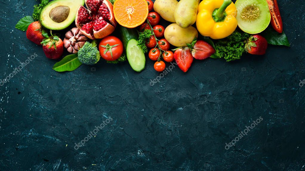 Fresh Fruits Vegetables And Berries On A Black Background Banner Top View Free Space For Your Text Larastock