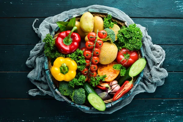 Fresh Vegetables Fruits Wooden Box Avocados Tomatoes Strawberries Melons Potatoes — Stock Photo, Image