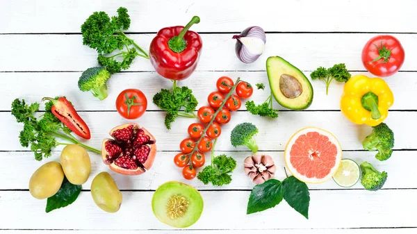 Vegetables Fruits White Wooden Background Melon Strawberries Potatoes Kiwi Fruit — Stock Photo, Image