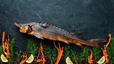 Fırında Sebzeli Balık Mersin Balığı. Üst te. Metniniz için boş alan. Rustik stil.