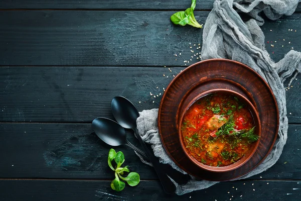 Harcho Suppe Mit Fleisch Und Tomaten Ukrainische Küche Ansicht Von — Stockfoto