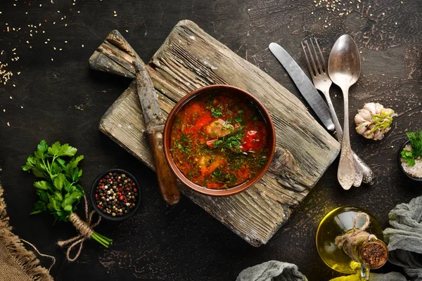 Harcho Suppe Mit Fleisch Und Tomaten Ukrainische Küche Ansicht Von — Stockfoto