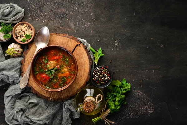 Harcho Suppe Mit Fleisch Und Tomaten Ukrainische Küche Ansicht Von — Stockfoto