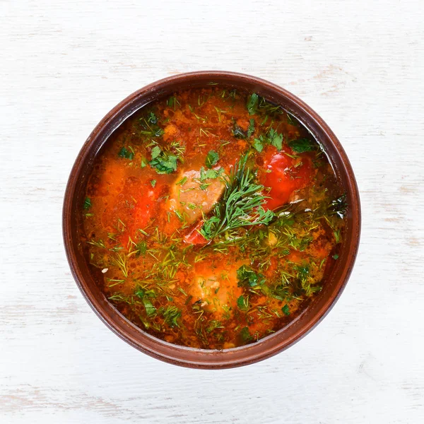Sopa Harcho Con Carne Tomates Cocina Ucraniana Vista Superior Espacio —  Fotos de Stock