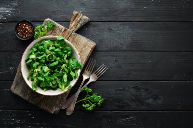 Ahşap arka plan üst görünümünde bir tabakta taze yeşil marul salatası. Metniniz için boş alan. Düz yatıyordu