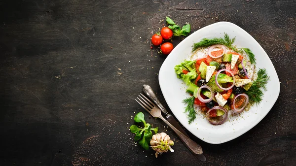 Greek Salad Feta Cheese Top View Free Copy Space — Stock Photo, Image