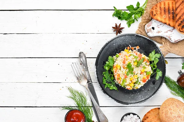 Boiled Rice Vegetables Risotto Black Plate Top View Free Copy — Stock Photo, Image