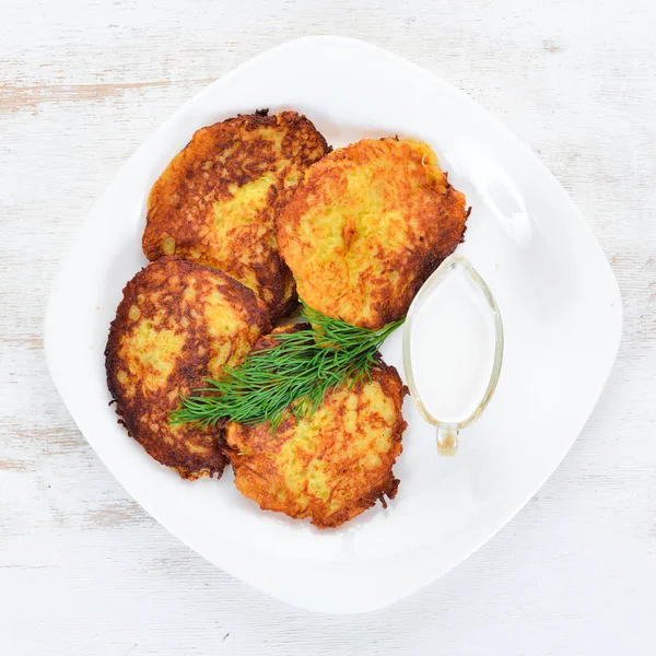 Potato Pancakes Sour Cream Ukrainian Traditional Cuisine Top View Free — Stock Photo, Image