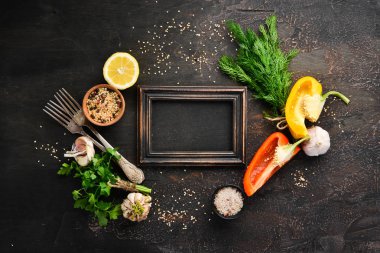 Yemek menüsü nün arka planı. Üst te. Metniniz için boş alan. Rustik stil.