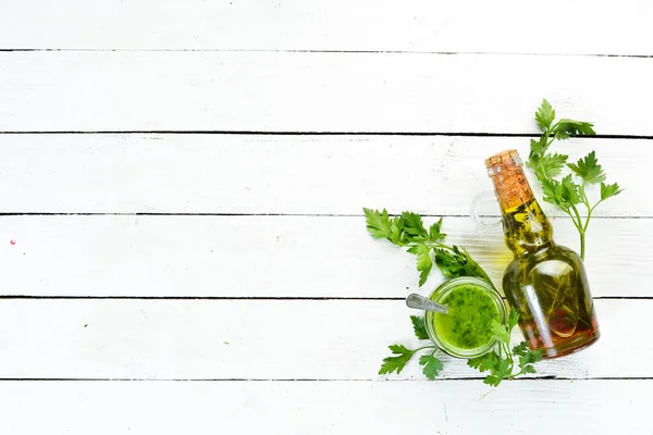 Salsa Perejil Verde Ingredientes Para Salsa Chimichurri Sobre Fondo Madera — Foto de Stock