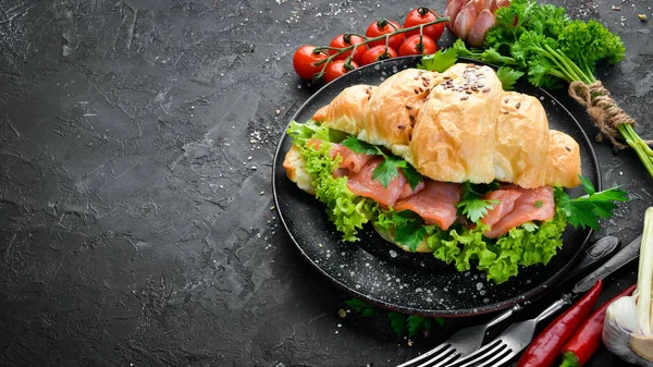 Somon, domates ve soğan ile Sandviç Kruvasan. Kahvaltı. Üst te. Metniniz için boş alan.