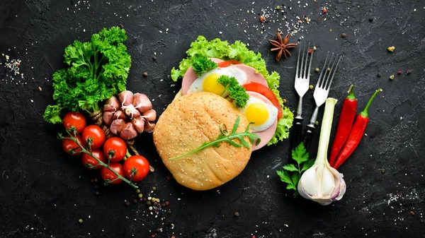 Burger Fried Egg Sausage Breakfast Top View Free Space Your — Stock Photo, Image