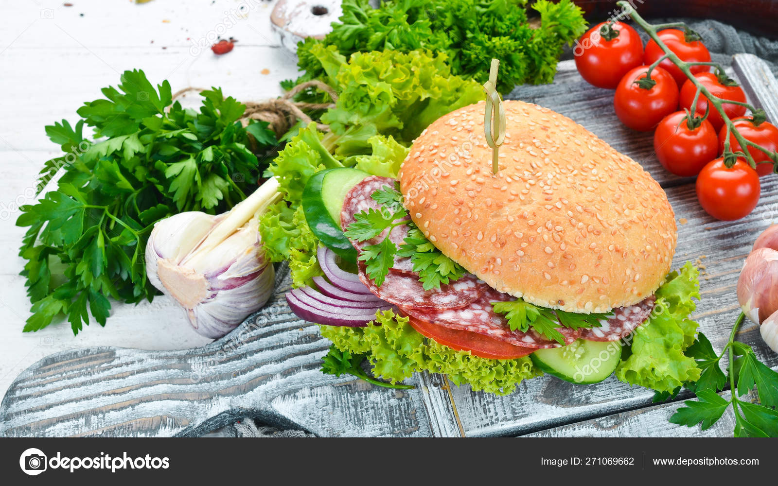 Burger Salami Tomato Onions Breakfast Top View Free Space Your Stock