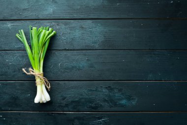 Eski arka planda taze yeşil soğan. Üst te. metniniz için boş alan.