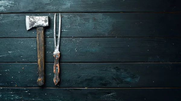 Hacha Tenedor Para Barbacoa Espacio Libre Para Texto Estilo Rústico — Foto de Stock