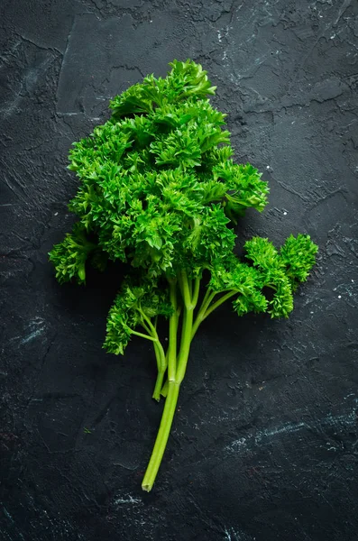 Fresh green parsley. Spices and herbs. On a black stone background. Top view. Free space for your text.