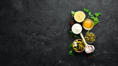 Tartar sosu. Kapari, salatalık, maydanoz, limon ve yumurtadan sos yapmak. Üst te. metniniz için boş alan.